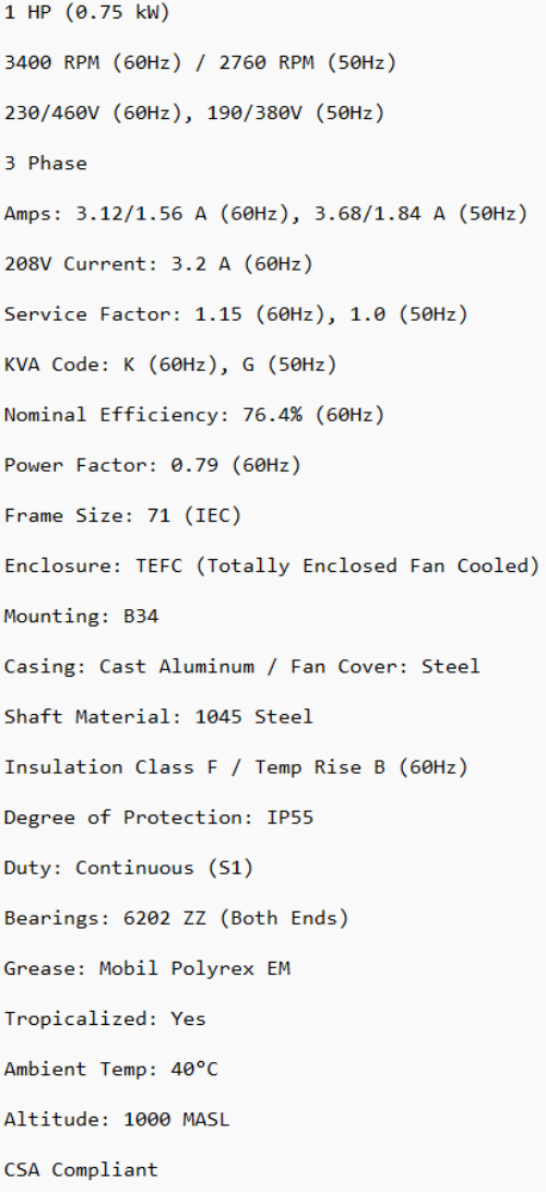 MTP71C2D-B34, Techtop, 1 Hp, 3600 Rpm, 230-460 Volts, Frame: 71, Tefc,