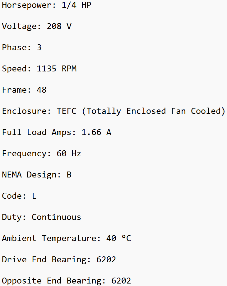 LS48, B770423, Leroy Somer, 1/4Hp, 1135 Rpm, 208 Volts, Fr: 48, Tefc,