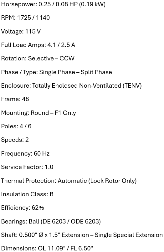 LM24492D, Lincoln motors, 1/12Hp, 1725 Rpm, 115 Volts, Frame:48, Tenv,