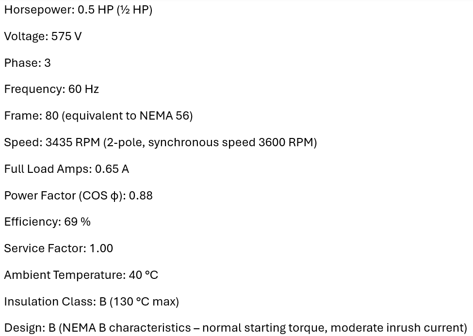 LSTE56, D1100383, 1/2Hp, 3450 Rpm, 575 Volts, Frame: 56, Tefc,