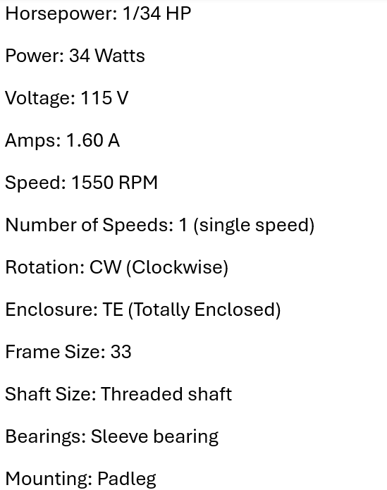 EC34W115V1543, Elco, 1/20Hp, 1550 Rpm, 115 Volts, Unit Bearing, Teao,