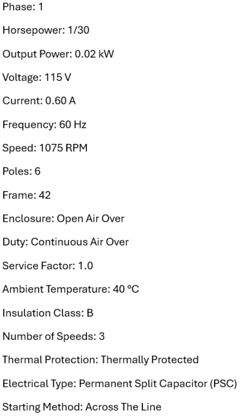 X954, Xactone, 1/30Hp, 1075 Rpm, 115 Volts, Frame:42, YDK120/20-6-25A2,