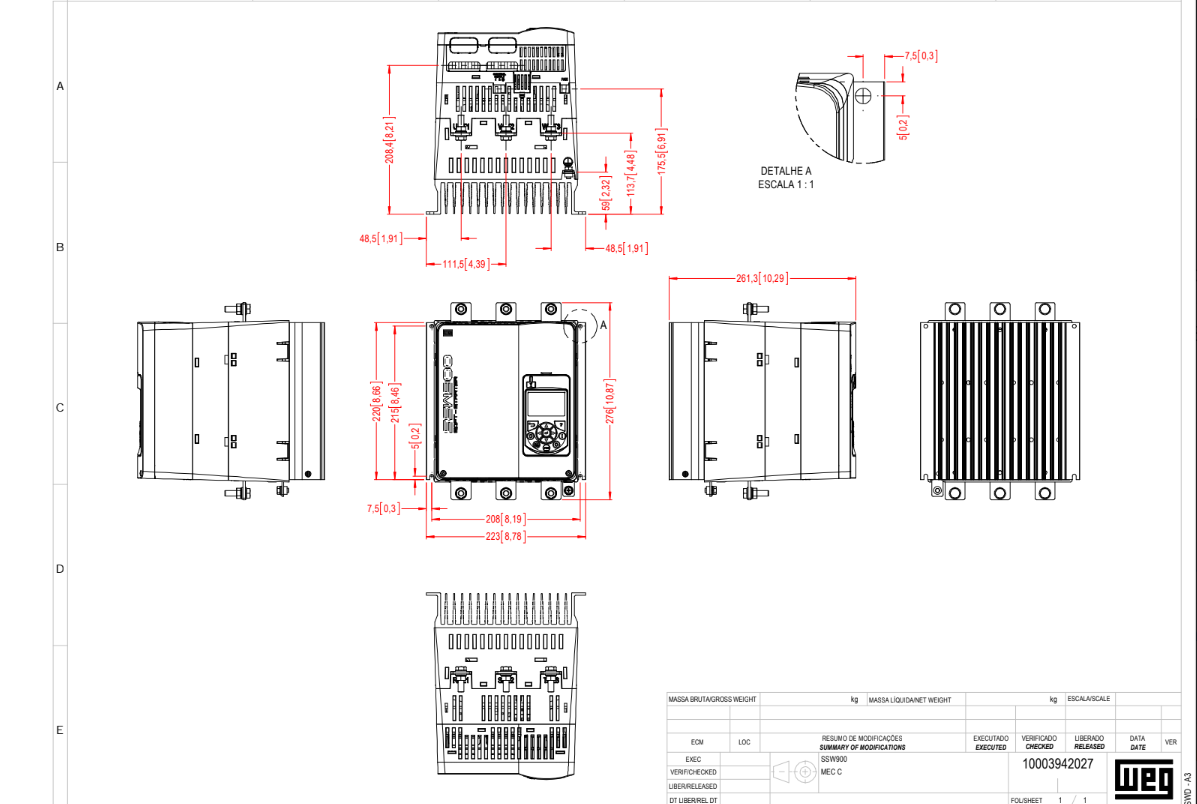 SSW900,Weg,150Hp, 171A,220-575V,IP 00,CONT,110-240V,Control Supply 24V