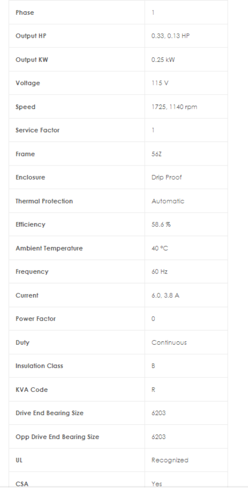 HG706, Marathon, 1/3-1/6Hp, 1 Ph, 60 Hz, 115 V, 1800 rpm, Fr:56Z, DP,