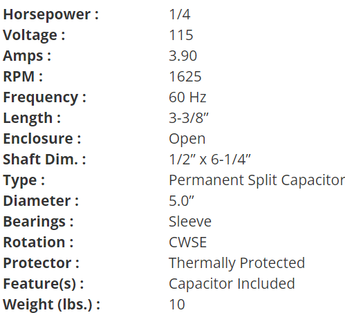 615058, Loren Cook, .25Hp, 1625 Rpm, 115 Volts, Enclosure:Open,