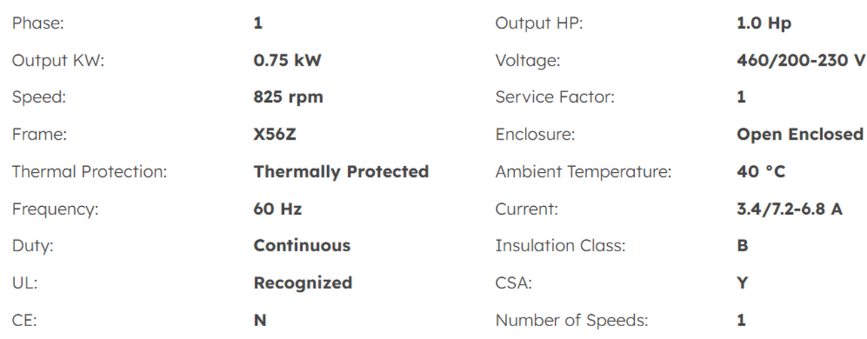 C490, Century, 1Hp, 825Rpm, 460/200-230Volt, Fr:X56Z, Open enclosure,
