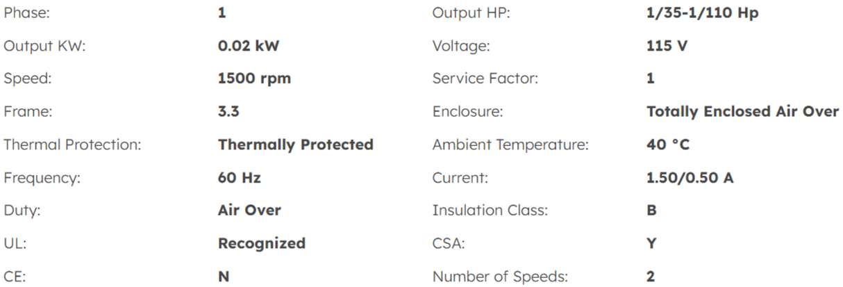 D534, Fasco, 1/35-1/110Hp, 1500 Rpm, 115 V, Totally Enclosed Air Over,