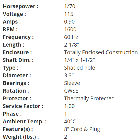 SS203, Magnetek, 1/80Hp, 1600 Rpm, 115 Volts, Encl:Totally Enclosed,