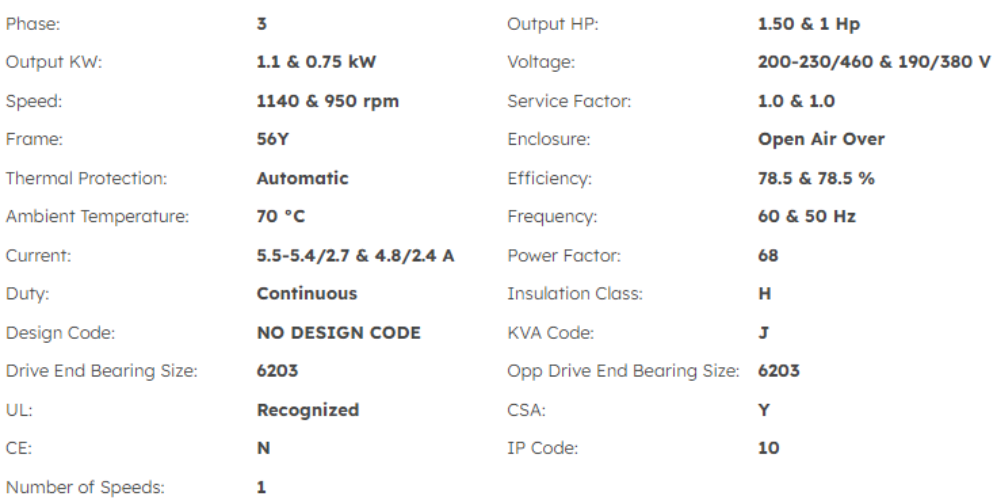 X503, Marathon, 1-1/2-1 Hp, 1140 & 950 Rpm, 200-230/460-190/380V, 56Y,