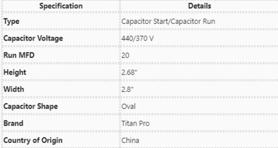 Packard, Titan, TOCF20, Run Capacitor, 20 uF, 440-370 VAC, Oval,