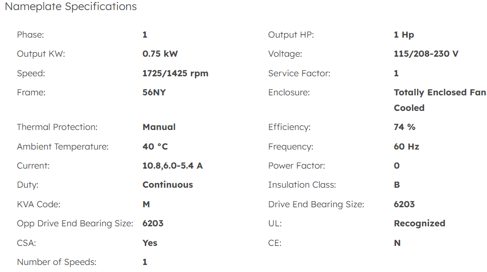 C1294, Marathon, 1Hp, 1425-1725Rpm, 115/208-230Volts, Frame:56NY,TEFC,