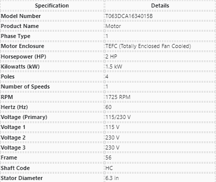 T2C2JHC, US Motors, 2 Hp, 1725 Rpm, 115-230 Volts, Frame:56, TEFC,