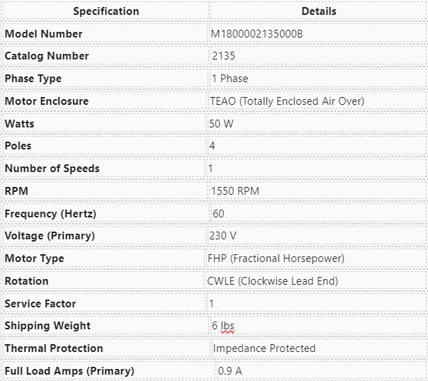 2135, M1800002135000B, Us Motors, 50 Watts, 1550 Rpm, 230 Volts, Teao,