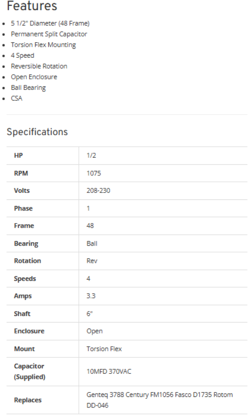 X3788, 1/2Hp, 1075 RPM,208-230V,FR:48,SS974,OMNIDRIVE,DIRECT DRIVE