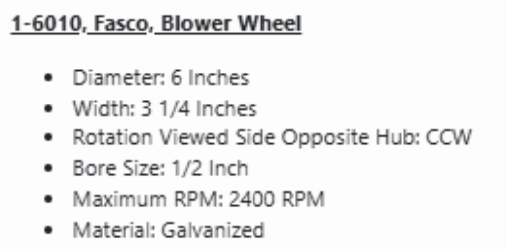 1-6010, Fasco, Blower Wheel, 3 1/4" W, CCW, 2400 Rpm,