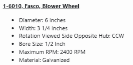 1-6010, Fasco, Blower Wheel,  3 1/4" W, CCW, 2400 Rpm,