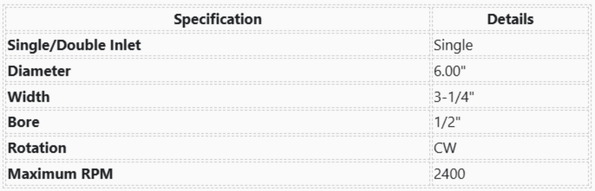 1-6058, Fasco, Blower Wheel, 6" diameter, 3-1/4" width, CW, 2400 Rpm,