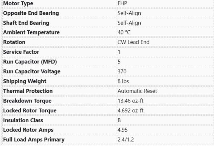 722P, Nidec, 1/6Hp, 1550 Rpm, 208-230 Volts, Frame:42Y, Enclosure:ODP,