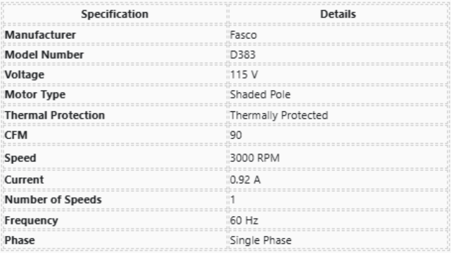 D383, Fasco, 90 Cfm, 3000 Rpm, 115 Volts, Enclosure: Open, MC1523,