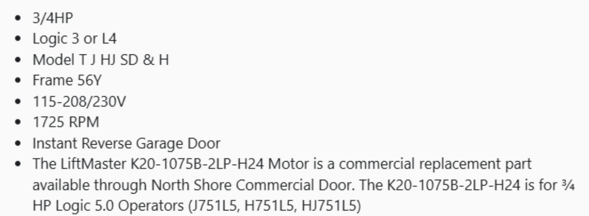 C48D06F21, LiftMaster, 3/4 HP, 1725, 115-208/230V, Fr 56Y,20-1075B-2LP
