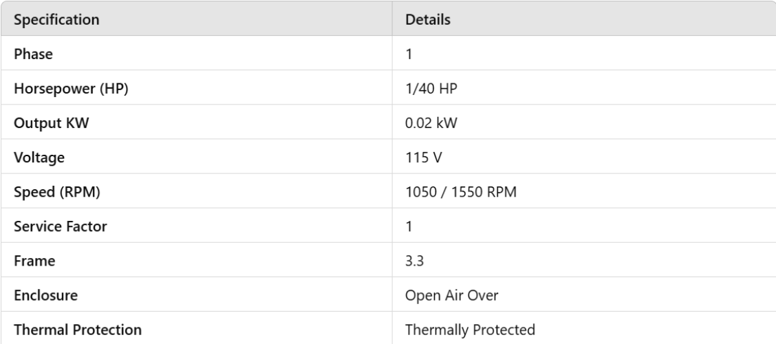 X56343, Xactone, 1/40Hp, 1550 Rpm, 115 Volts, Frame:3.3, OAO, 56343-0,