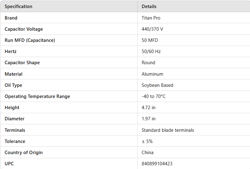 TRCF50, Titan, Capacitor Run, 50 UF, 440/370 VAC, Round,