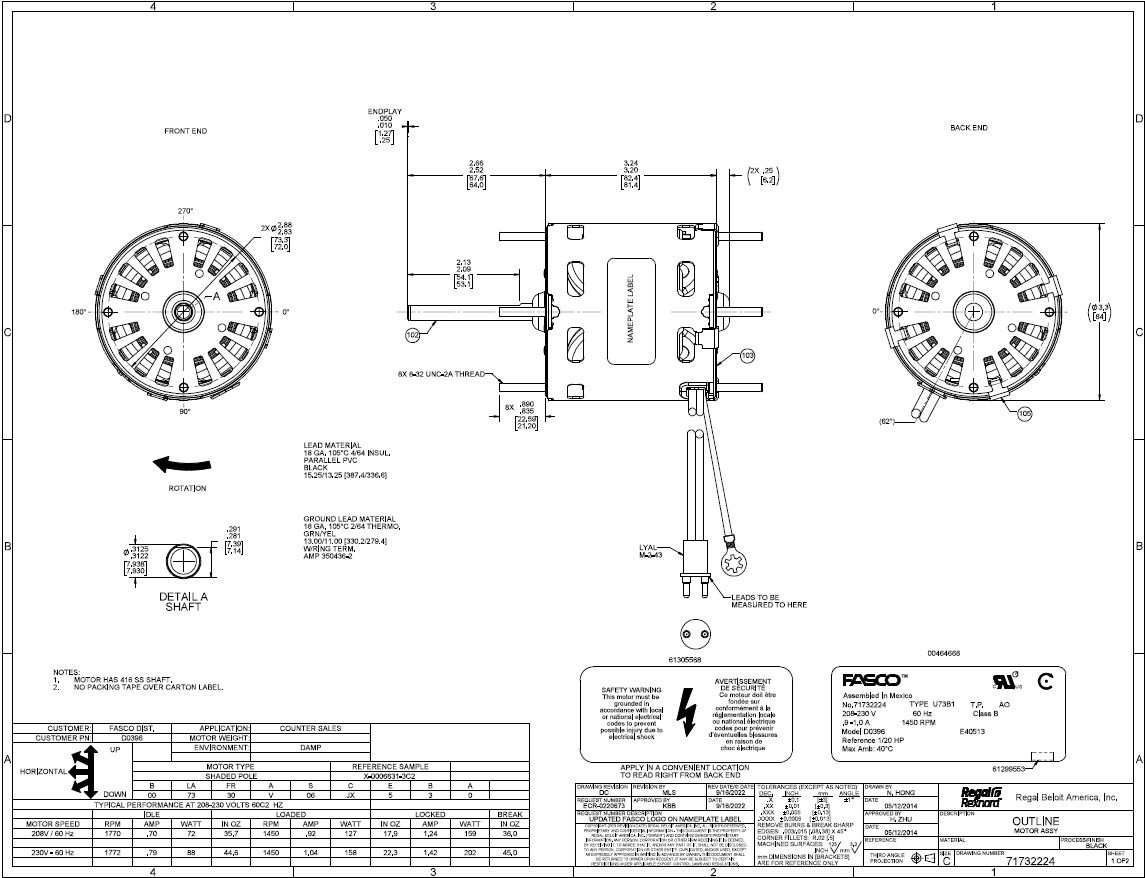 D0396, Fasco, 1/20Hp, 1450 Rpm, 208-230 V, Frame: 3.3, Oao, JA2R140N,