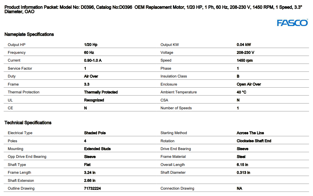 D0396, Fasco, 1/20Hp, 1450 Rpm, 208-230 V, Frame: 3.3, Oao, JA2R140N,