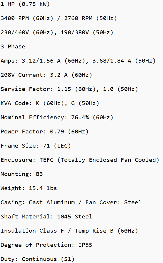 MTP71C2D, Techtop, 1 Hp, 3600 Rpm, 230-460 Volts, Frame: 71, Tefc,