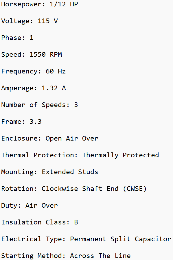 D0447, Fasco, 1/12Hp, 1550 Rpm, 115 Volts, Open Air Over, 447 Century,