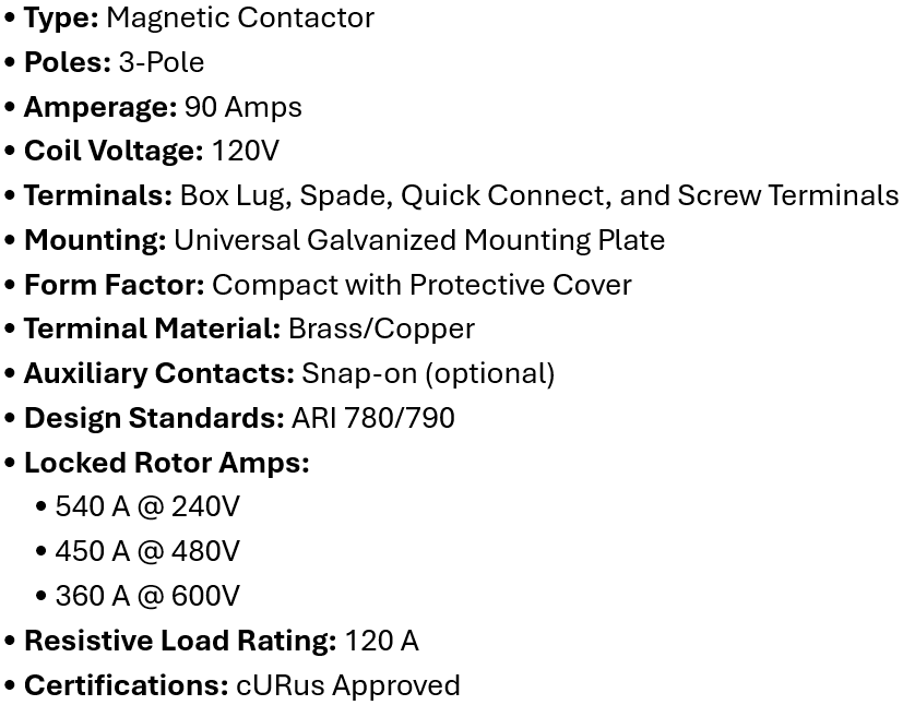 DP-3P90A120, Rotom, Magnetic Contactor, 3 Poles,90 Amps,120V Box lung,