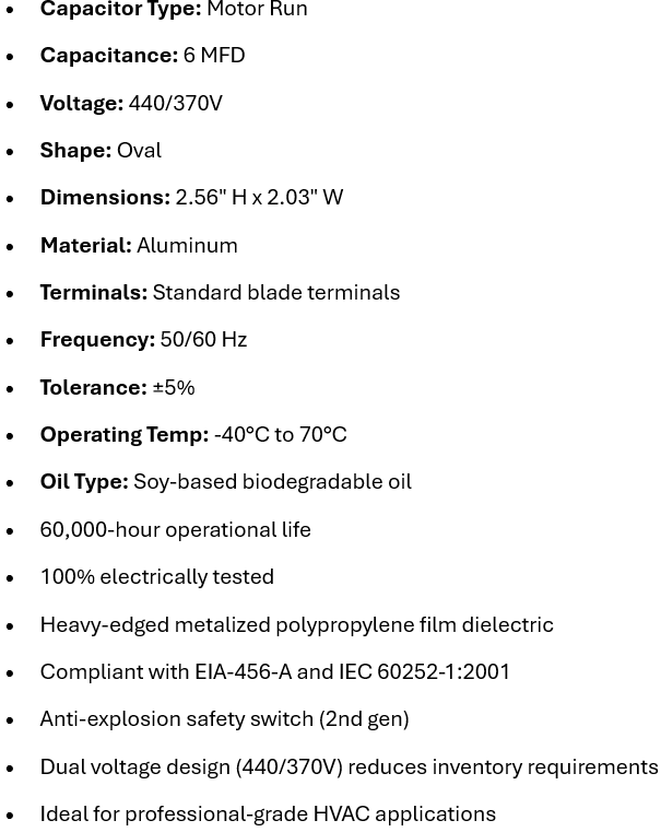 TOCF6, Packard, Titan Pro, Capacitor Run, 6uF 370/440V OVAL,