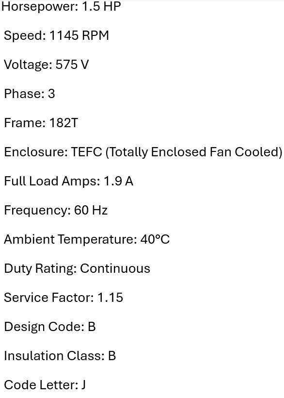 385110, Leroy-Somer, 1.5 Hp, 1145 Rpm, 575 Volts, Frame: 182T, Tefc,