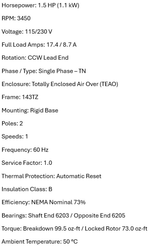 FD32CA1P14, 1.5 Hp, 3600 Rpm, 115-230V, Frame:143, Teao, Aeration fan,