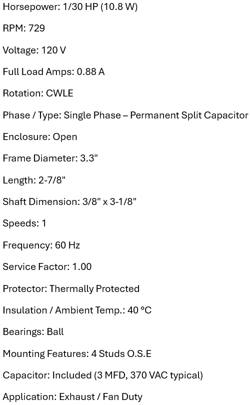X99080483, Xactone, 1/30Hp, 729 Rpm, 120V, S99080483, 026715133345,