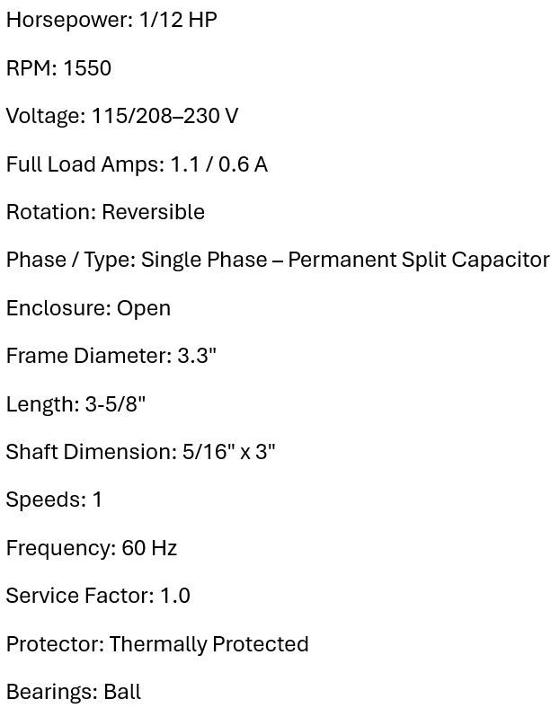 X1127, Xactone, 1/12 Hp, 1550 Rpm, 115/208-230V, SS9721, D1126, D1124,