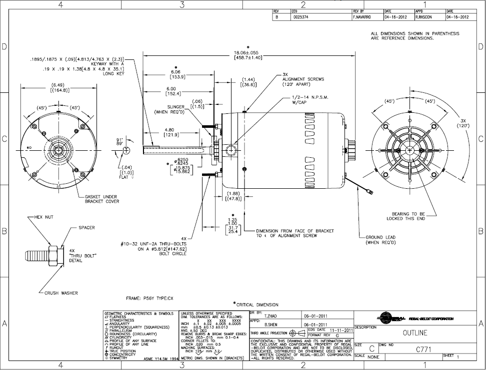 C771, Century, 1.5Hp, 1200 Rpm, 200-230/460V, P56Y, Enclosure open,
