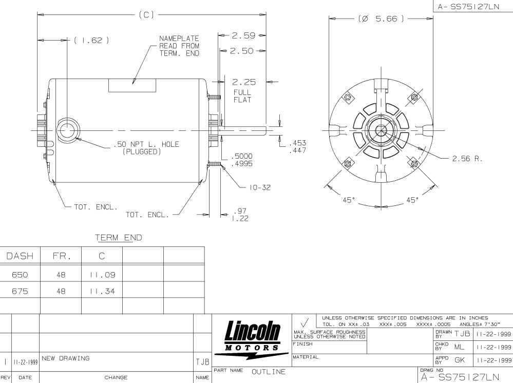 LM24492D, Lincoln motors, 1/12Hp, 1725 Rpm, 115 Volts, Frame:48, Tenv,