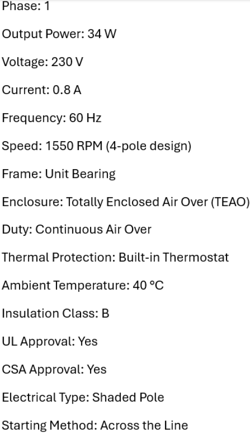EC34W230V1542, 1/20Hp, 34 Watt, 230 Volts, 1550 Rpm, Teao, Unit bearing,