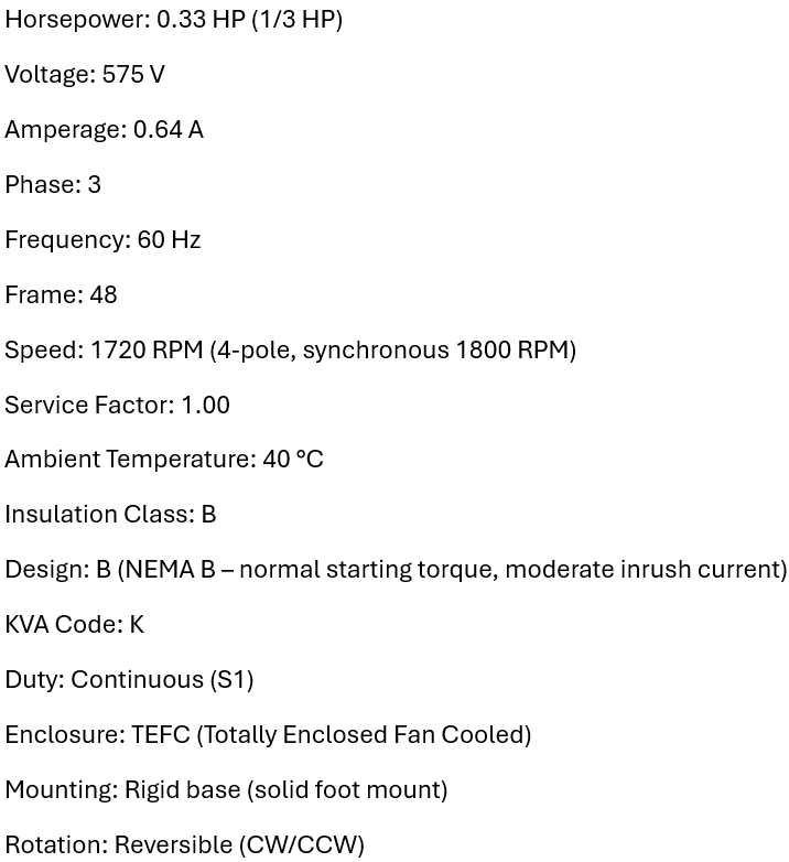 468426, Leroy Somer, 1/3Hp, 1720 Rpm, 575 Volts, Frame: 48, Tefc,