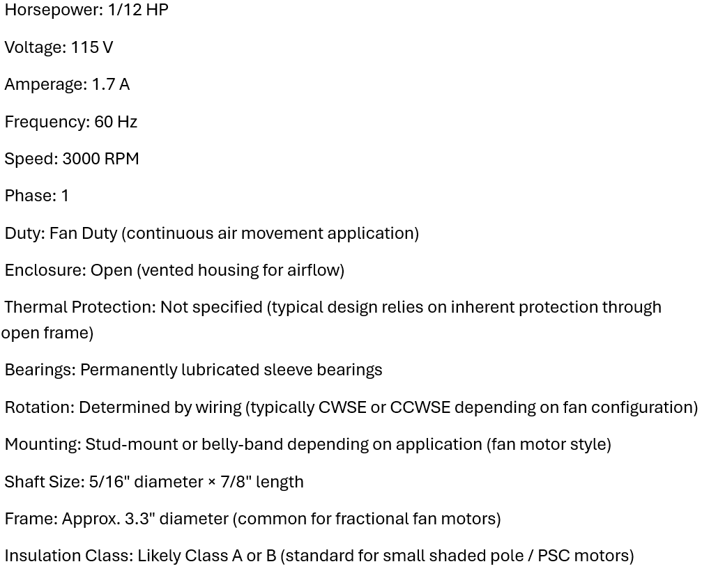 2882-54-12-02M, Electrohome, 1/12Hp, 3000 Rpm, 115 Volts,