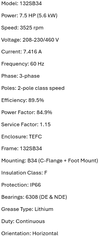 MQS-132S12FC-S3-B34, 7.5Hp, 3525RPM, 208-230/460V, 3Ph, 60Hz, TEFC, Frame 132S, IMB34, IP69K