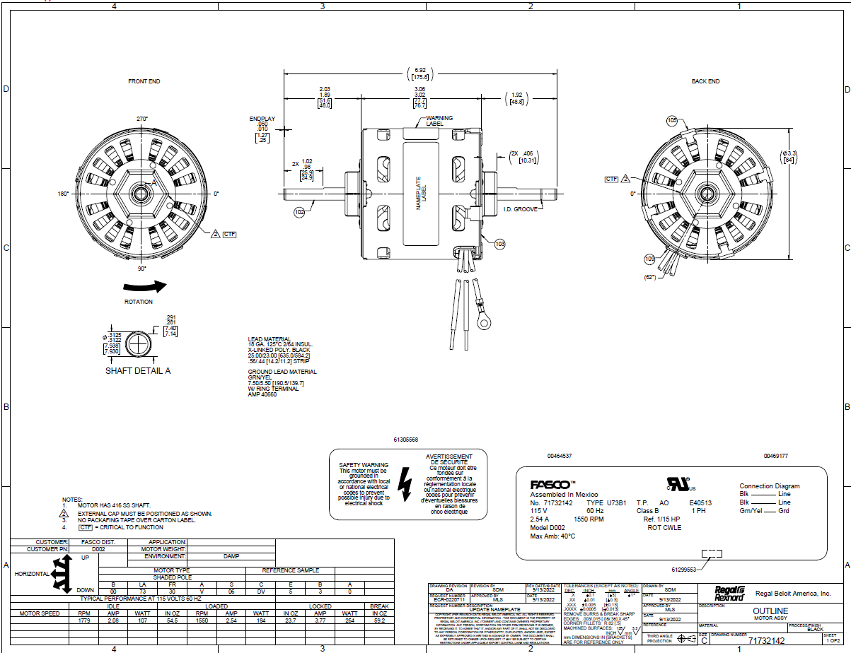 D002, Ventilation Motor, 1/15Hp, 60 Hz, 115 V, 1550 RPM, 1 Speed, OAO,