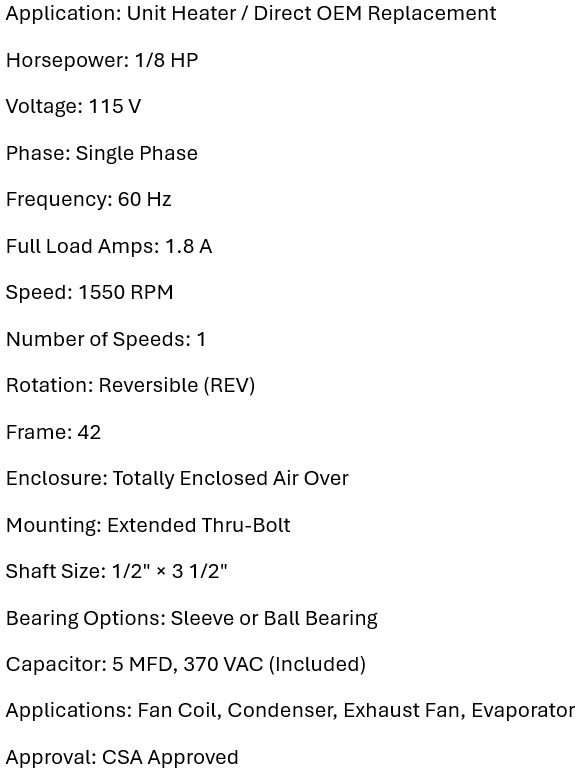 UHM185B, Xactone, 1/8Hp, 1550 Rpm, 115V, Frame: 42, TEAO, B42B05C87,
