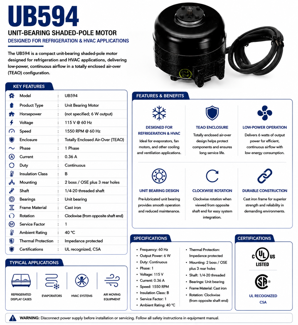 UB594, 6W, 1550 RPM, 115 V, 1 Ph, 60 Hz, Totally Enclosed Air‑Over, Unit Bearing