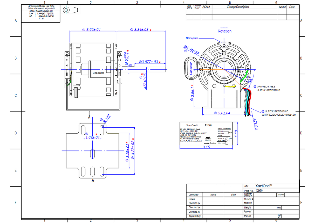 X954, Xactone, 1/30Hp, 1075 Rpm, 115 Volts, Frame:42, YDK120/20-6-25A2,