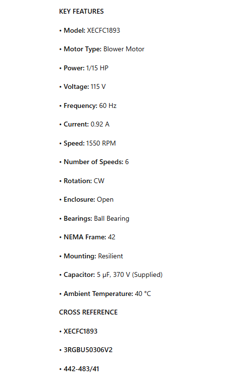 XECFC1893, Blower Motor, 1/15Hp, 1550 RPM, 115V, 1Ph, 60Hz, Frame 42, OPEN, CW