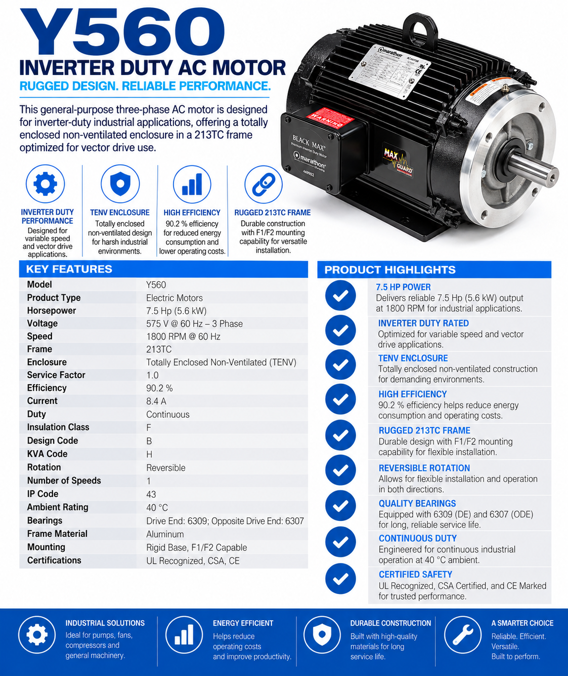 Y560, 7.5Hp, 1800 RPM, 575 V, 3 Ph, 60 Hz, TENV, Frame 213TC, 213THTL7736