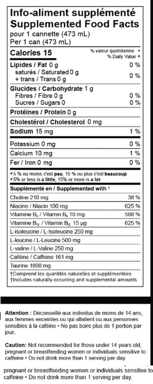 Platto Energy Drink, Blue Raspberry, Framboise Bleu, 12X473ML, Sans Sucre,Sugar Free,