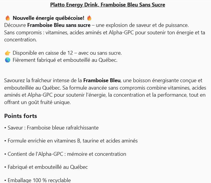 Platto Energy Drink, Blue Raspberry, Framboise Bleu, 12X473ML, Sans Sucre,Sugar Free,